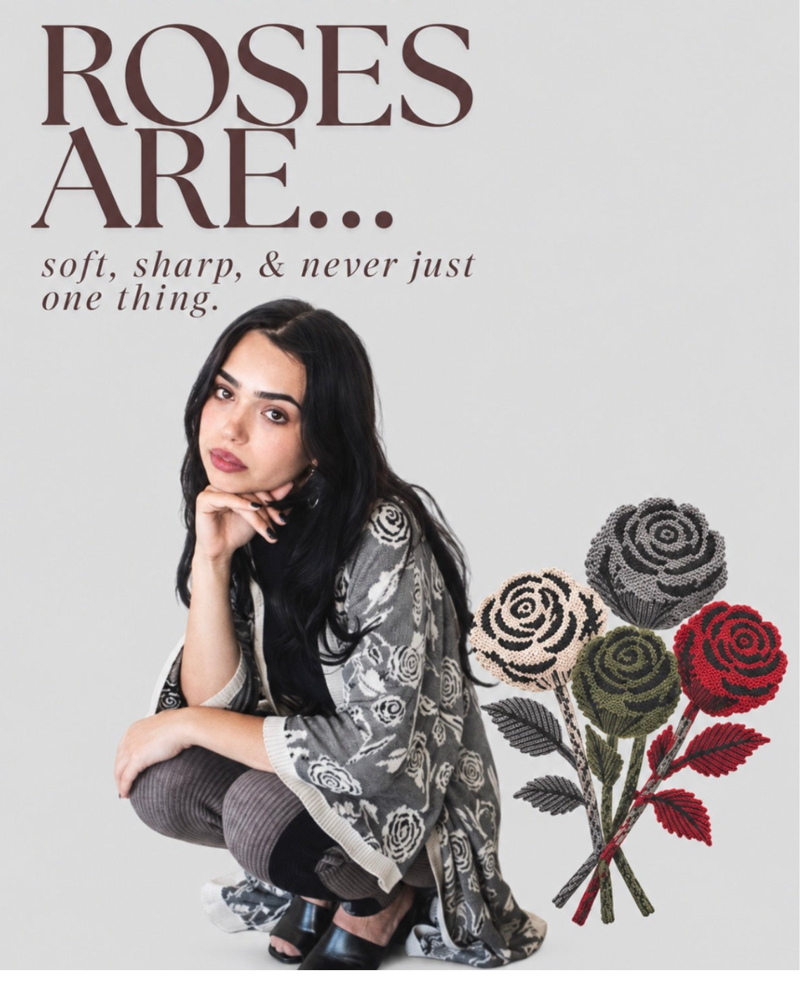A fashion editorial-style photo shows a woman crouching beside large text reading 'ROSES ARE.