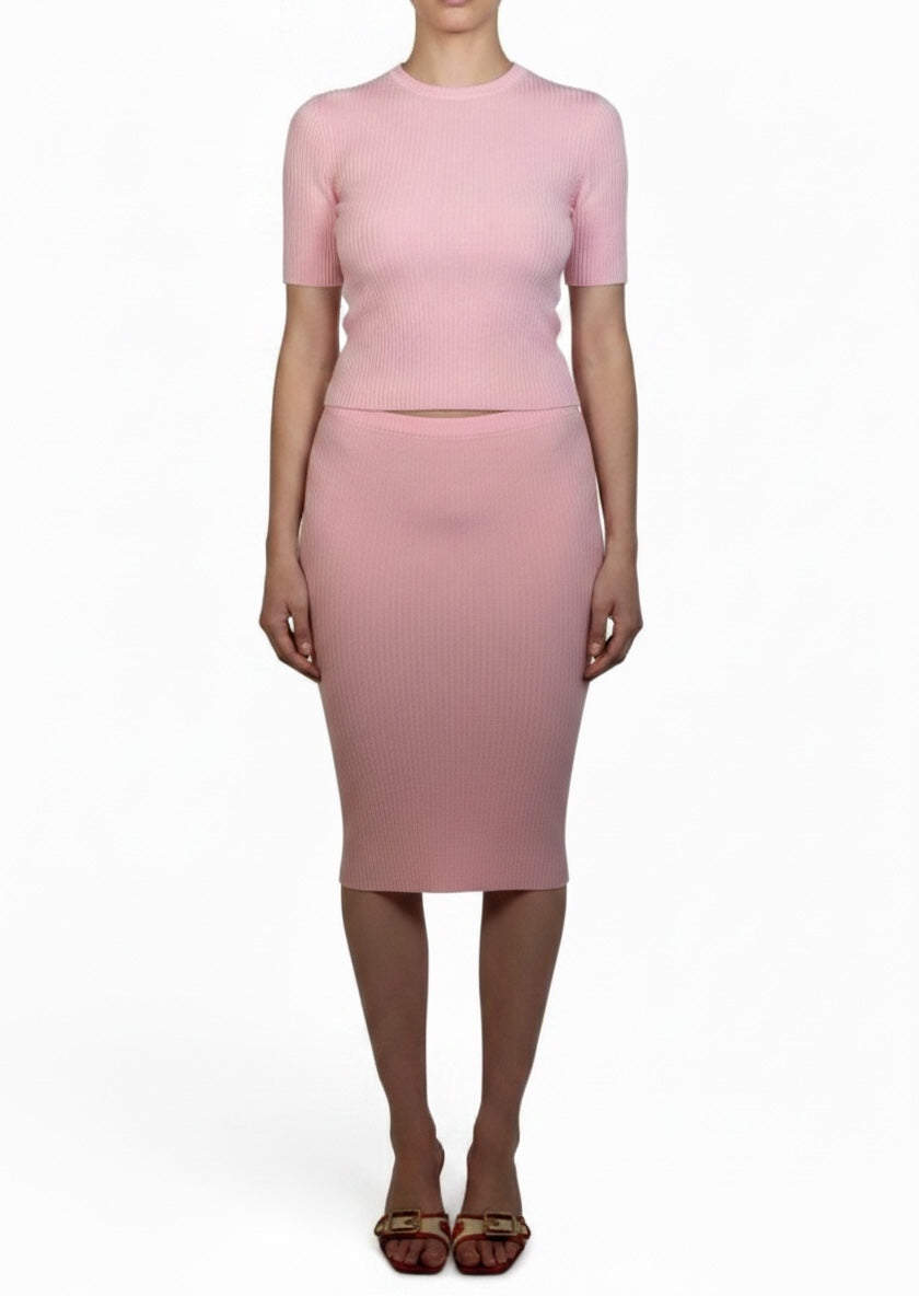 Person wearing a pink outfit with a top and skirt on a white background