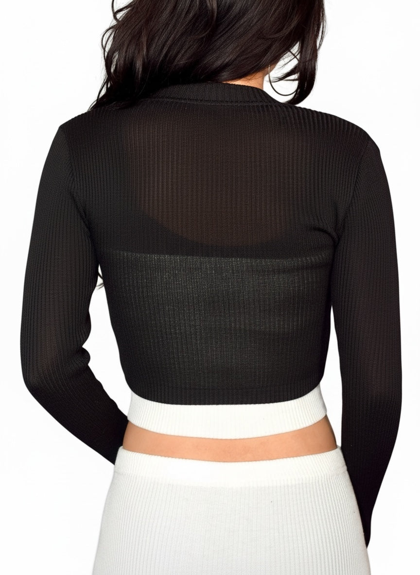 Black long-sleeve crop top worn by a person on a white background