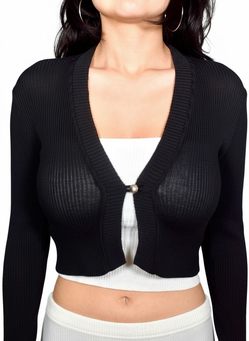 Black cardigan over a white top on a plain background