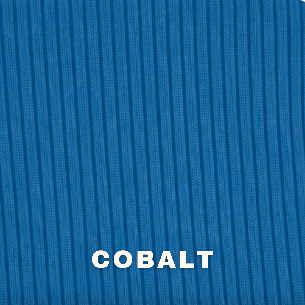 Cobalt blue 2x1 rib knit fabric swatch with the word COBALT wriiten in white ink