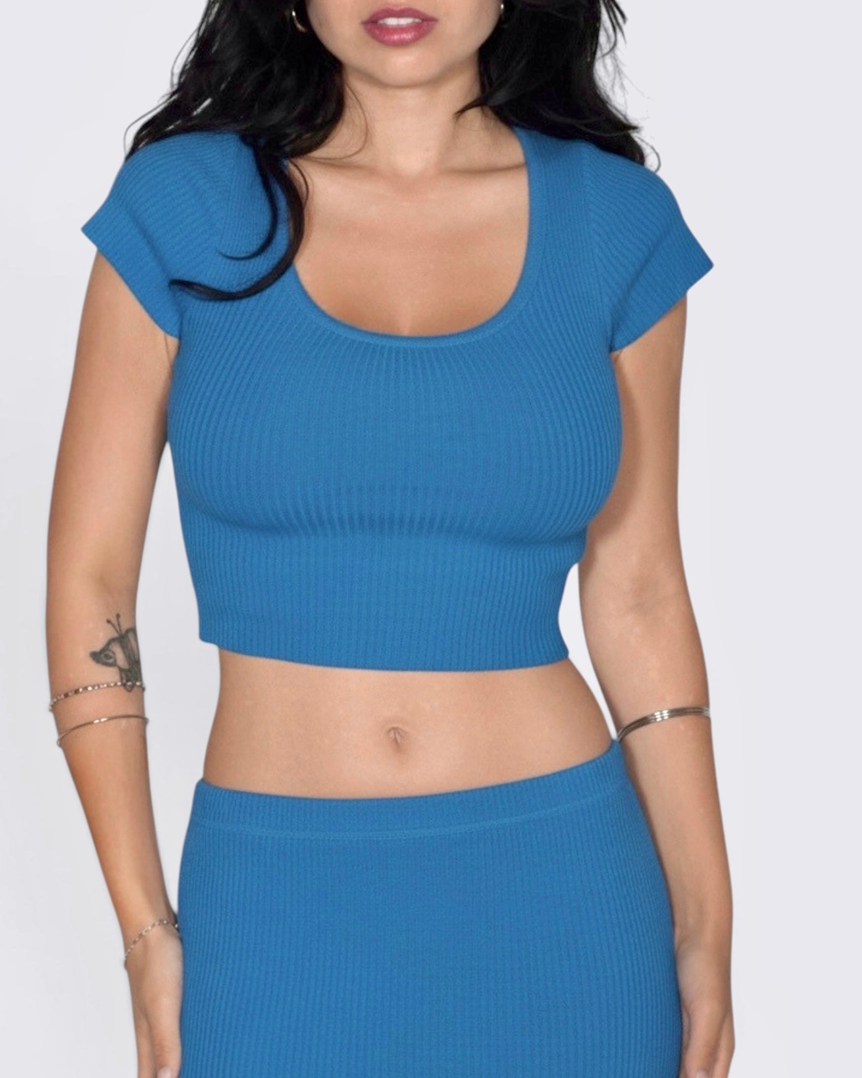 Short sleeve crop scoop neck cobalt ribbed top and matching mini skirt