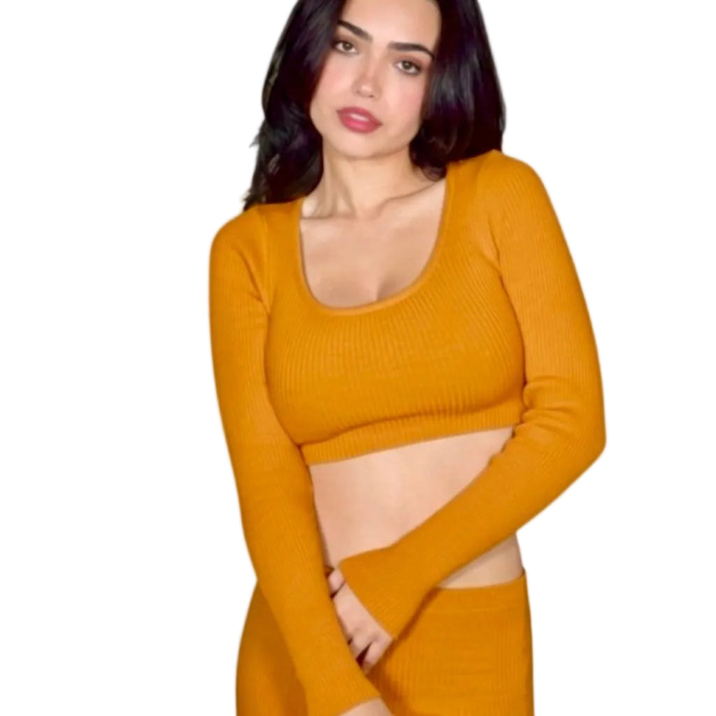 Woman wearing Dijon scoop neck long sleeve top and skirt by The Knit House LA 