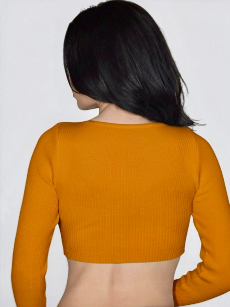 Back view of Dijon crop long sleeve top by The Knit House LA
