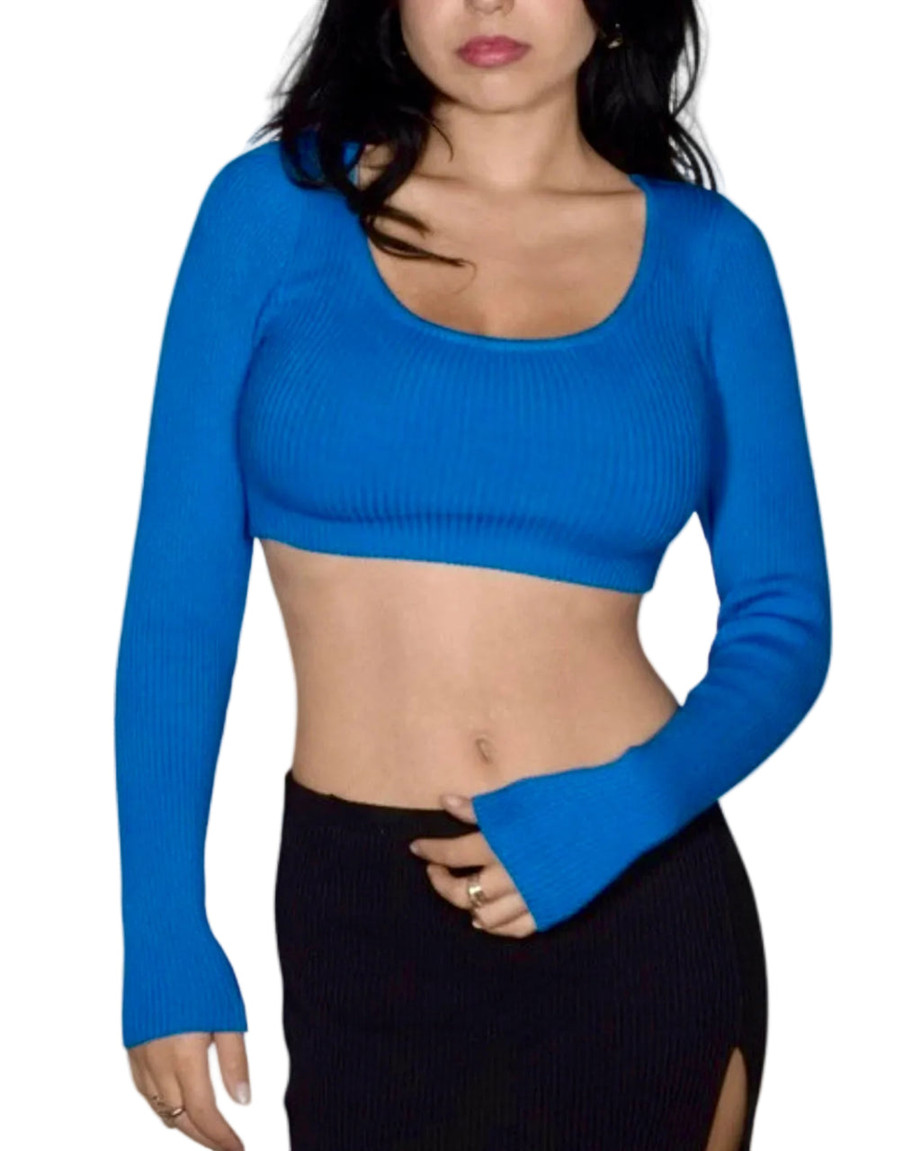 Woman wearing long sleeve blue crop top with scoop neck by The Knit House LA