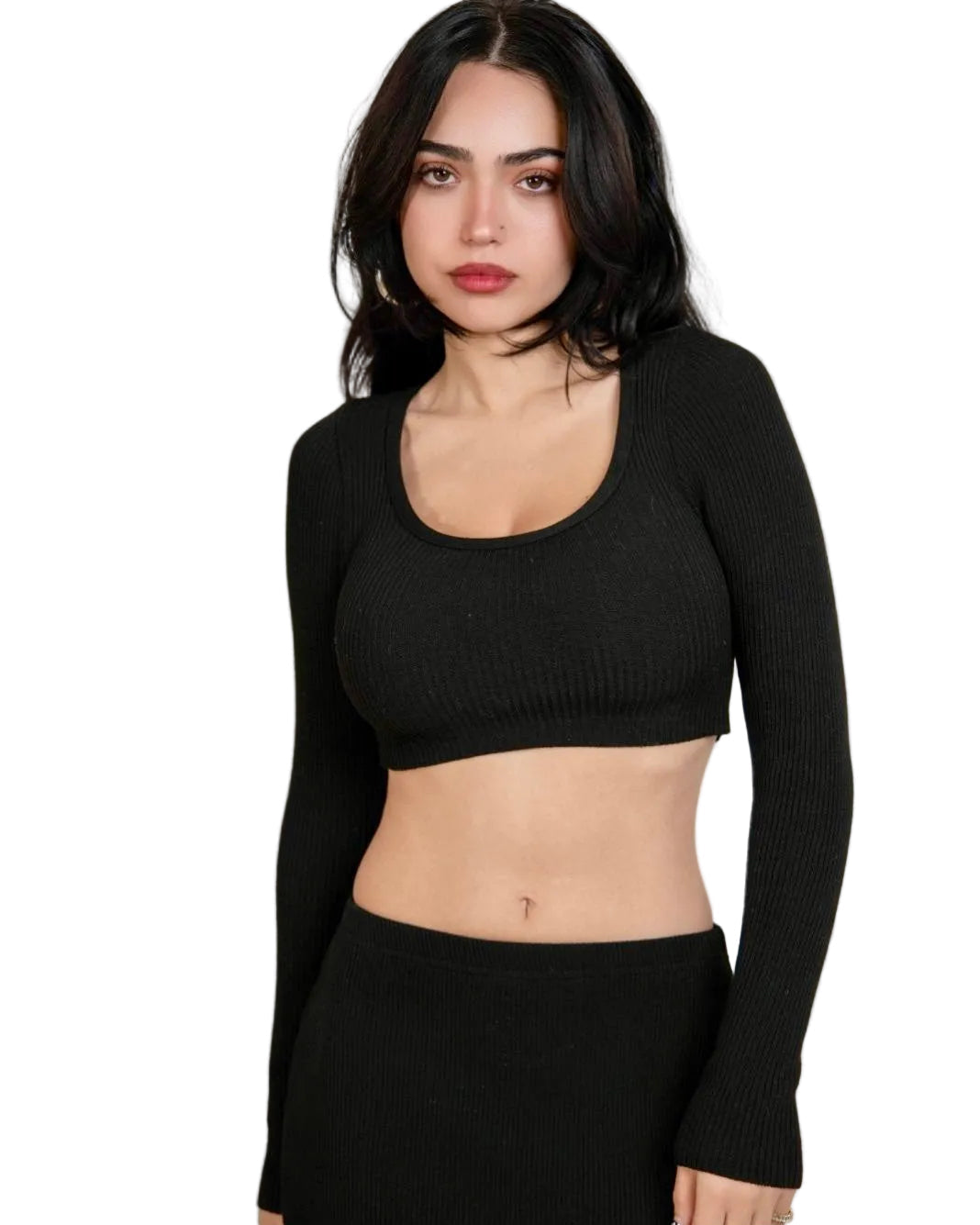 Woman wearing a black long sleeve scoop neck crop top and skirt by The Knit House LA