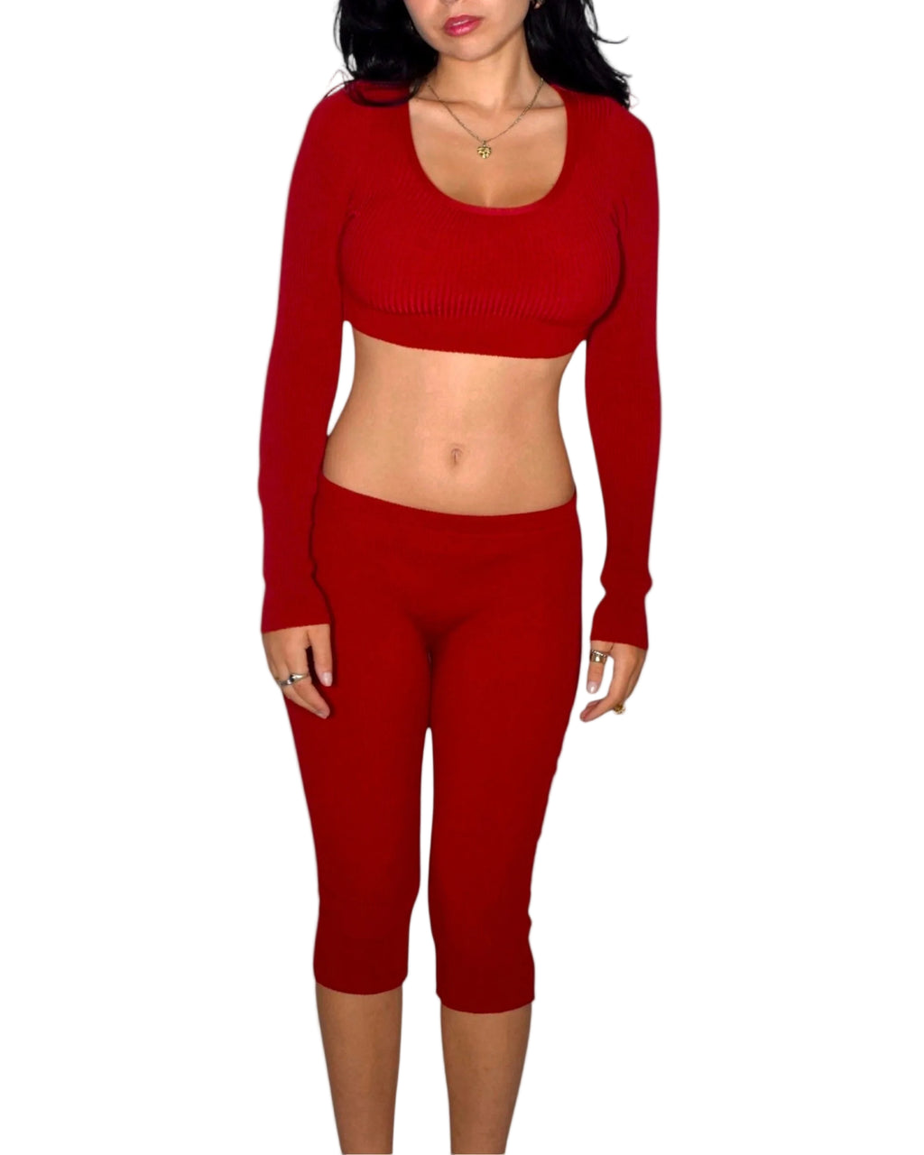 Woman wearing crop long sleeve and Capri pants in matching red rib by The Knit House LA