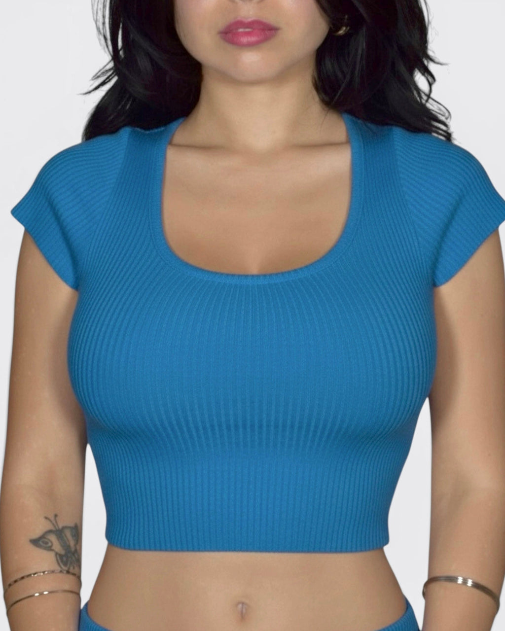 Crop short sleeve scoop neck top and matching mini skirt in cobalt rib knit by TKHLA