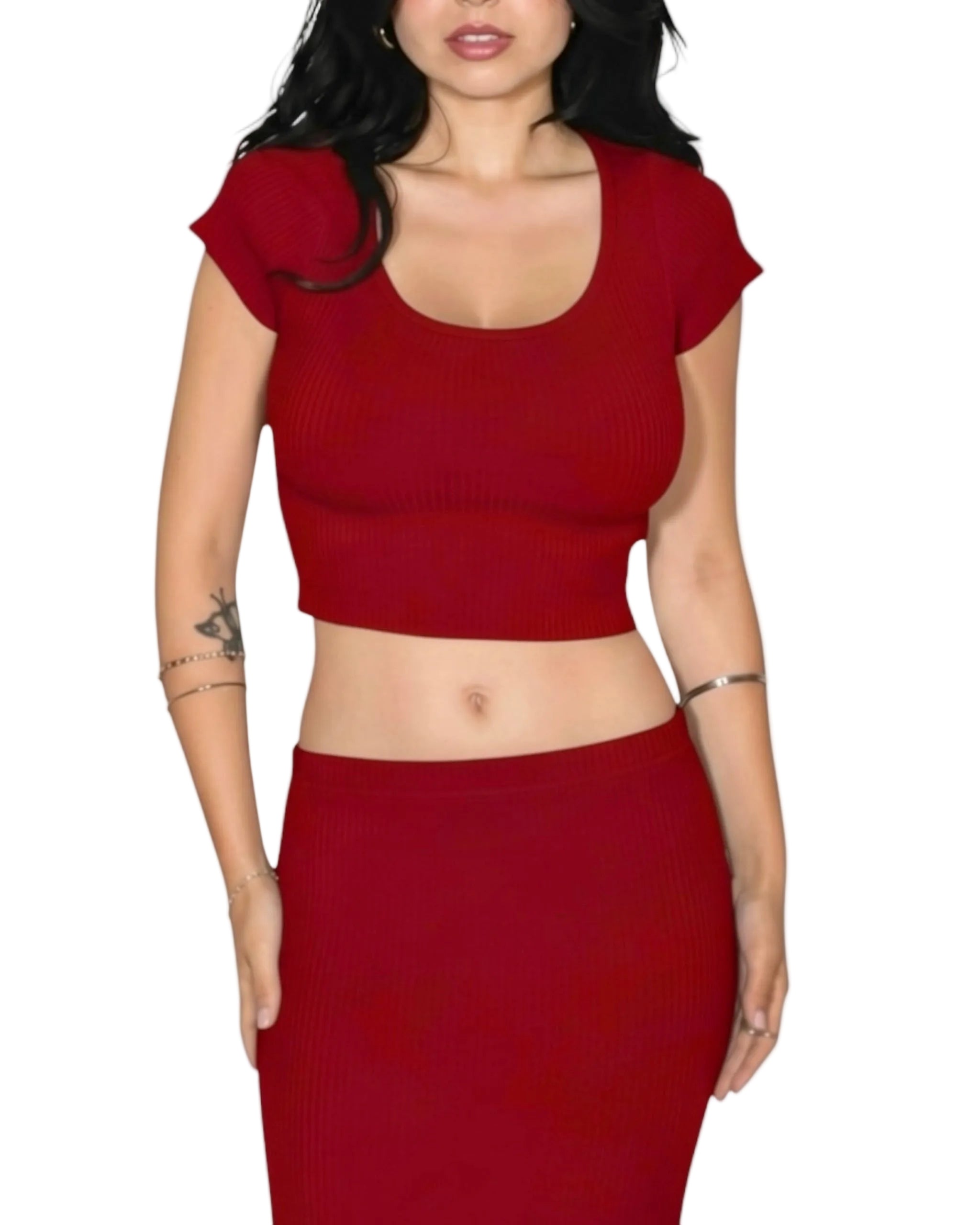 woman wearing crop scoop neck short sleeve and matching skirt in red knit by TKHLA