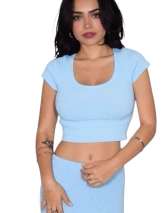 Woman wearing blue outfit 