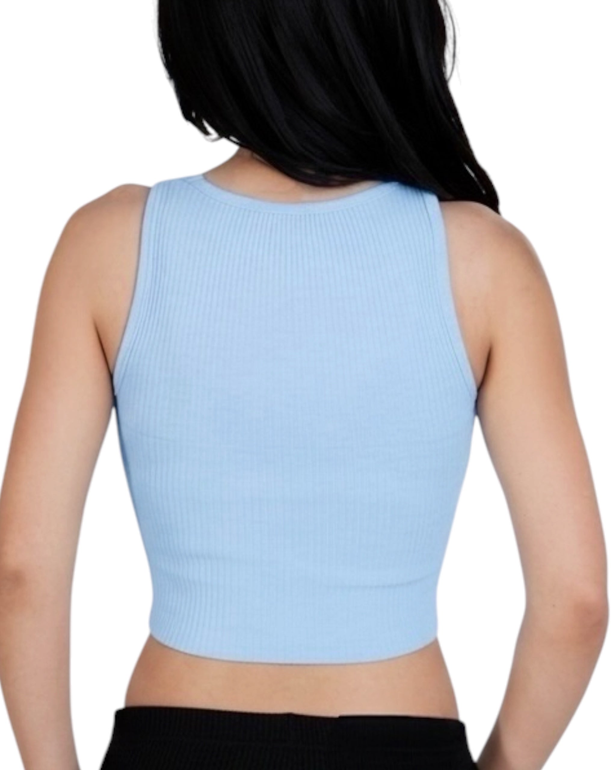 Light blue sleeveless top worn by a person on a white background