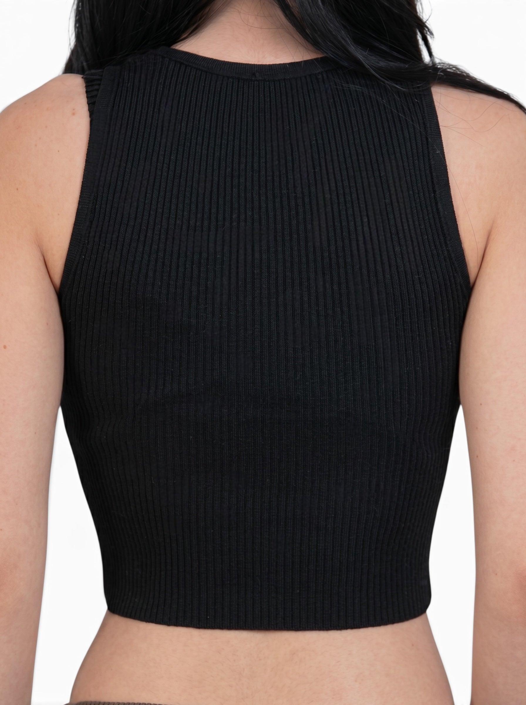 Back view of black knit rib crop tank by TKHLA 