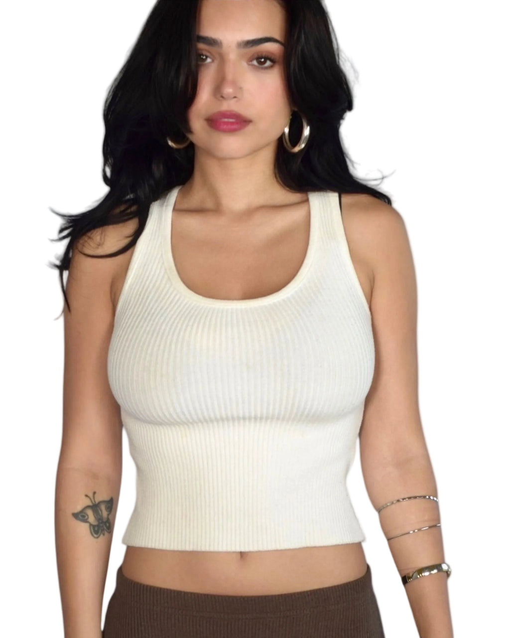 Woman wearing white scoop neck ribbed knit tank by The Knit House LA