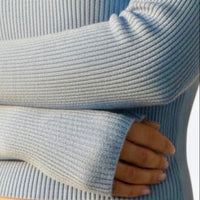 Close up of baby blue rib top with long fitted sleeves by The Knit House LA