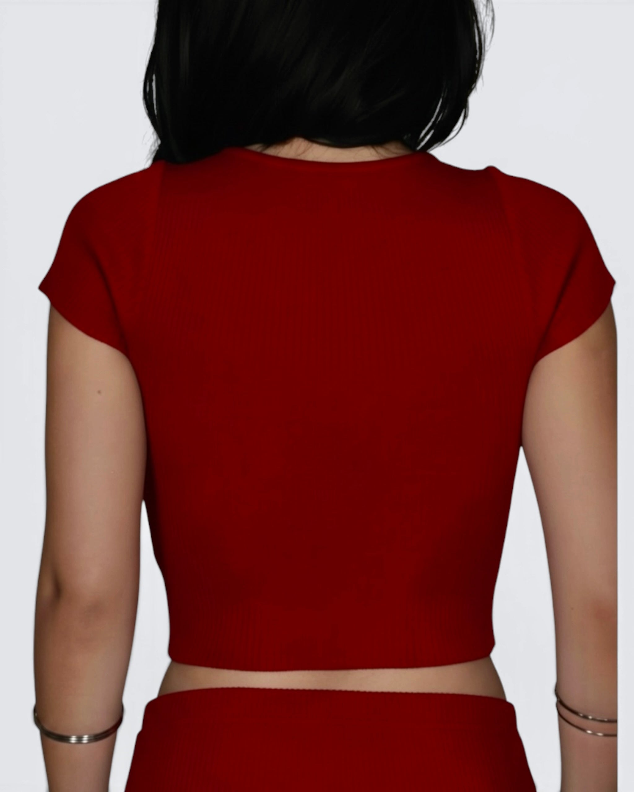 back view of short sleeve red rib knit top by The Knit House LA