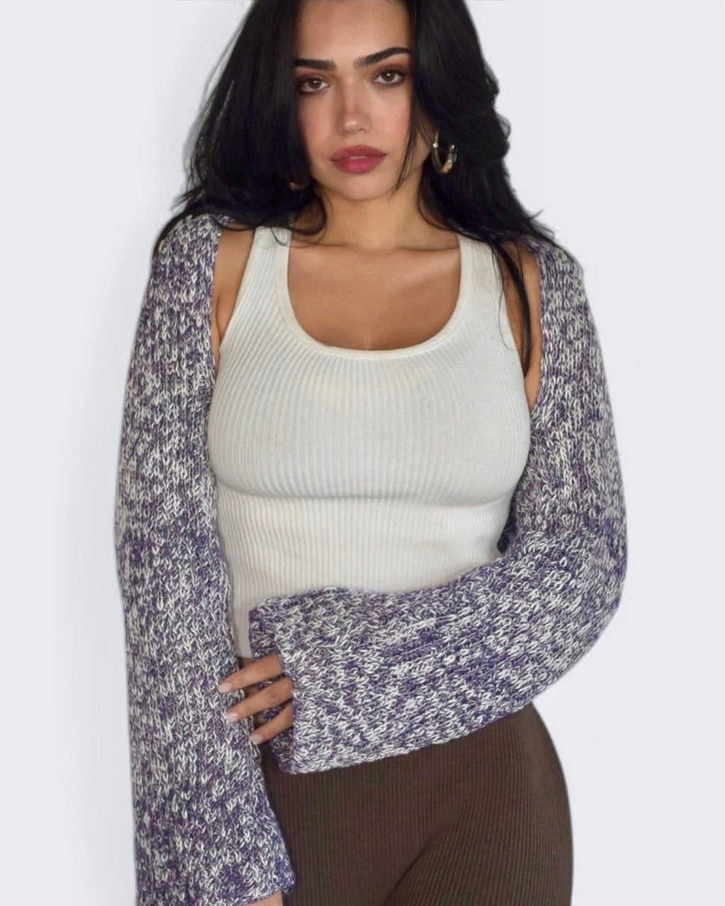 Woman wearing white scoop neck rib knit tank with purple mix shrug by The Knit House LA