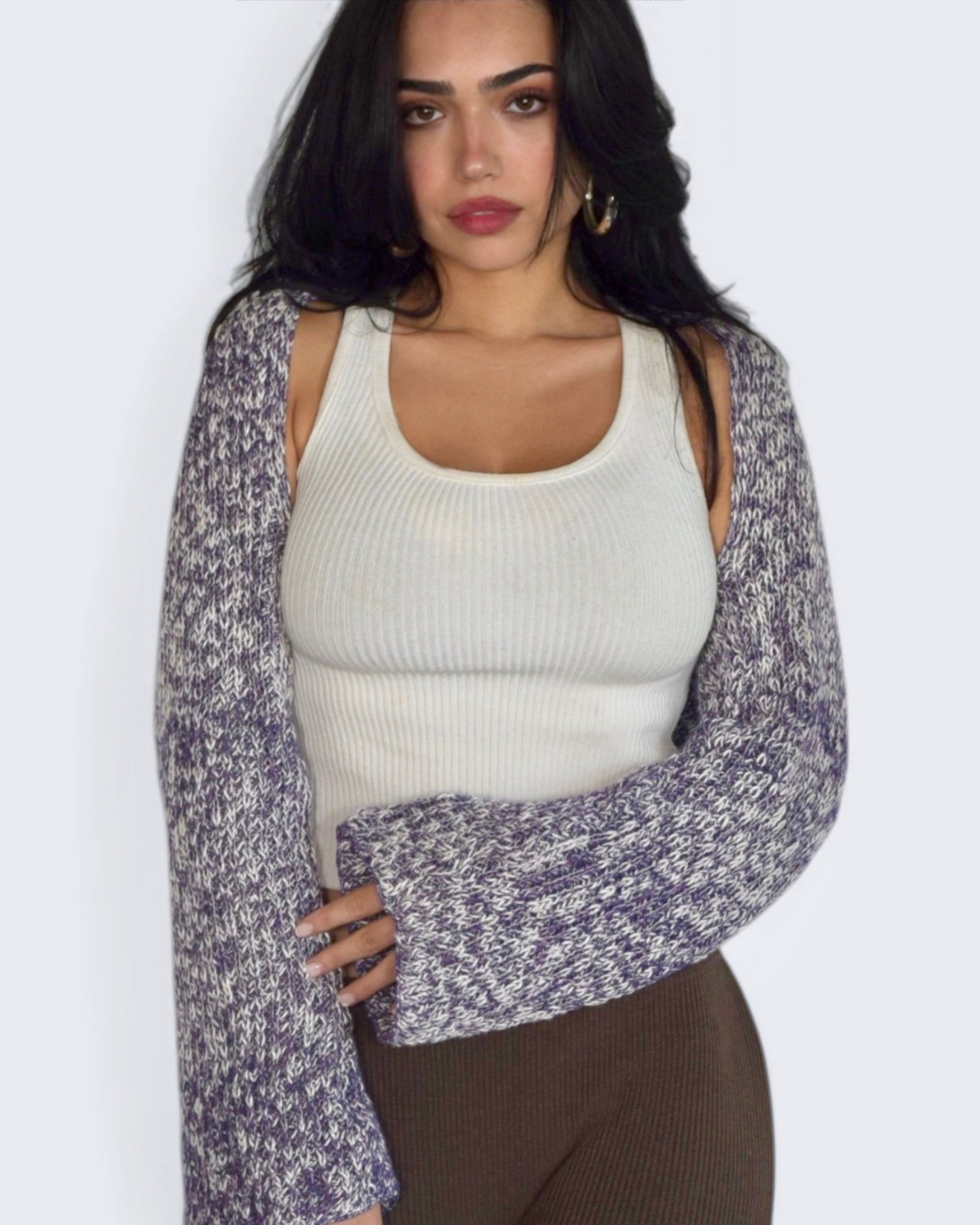 Woman wearing white scoop neck rib knit tank with purple mix shrug by The Knit House LA