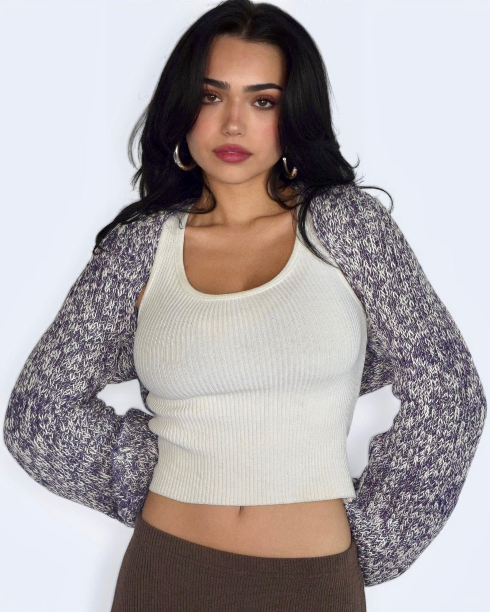 Woman wearing white scoop neck tank and purple toned shrug by The Knit House LA