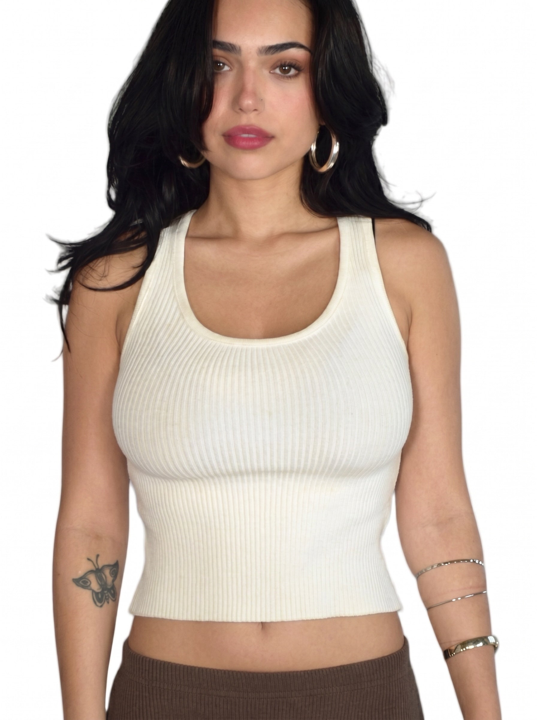 Woman wearing white rib knit scoop neck tank and brown midi