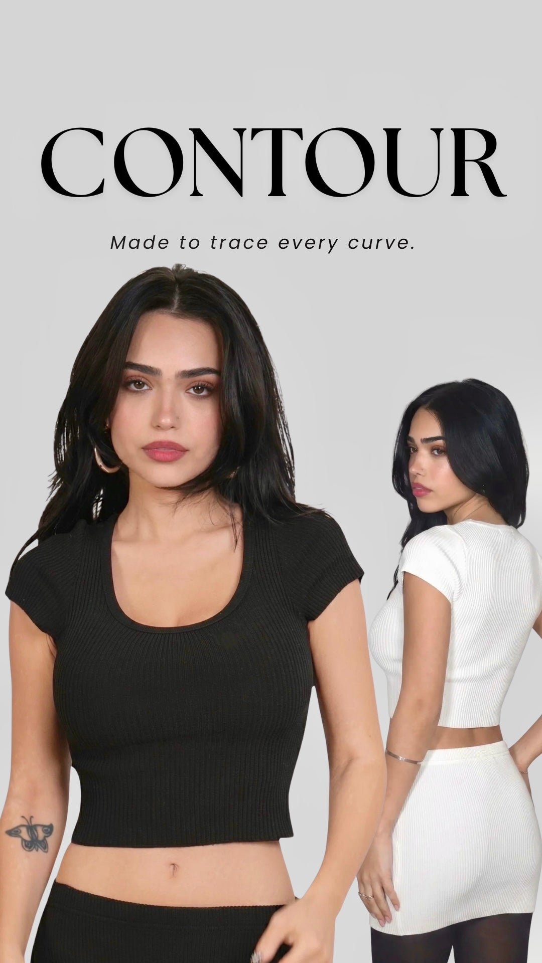 A promotional graphic for the CONTOUR app or digital service, featuring a woman in the foreground wearing a black ribbed scoop-neck crop top, with a smaller inset of the same woman from the back in a white crop top and white skirt. The text 'CONTOUR' and 'Made to trace every curve.