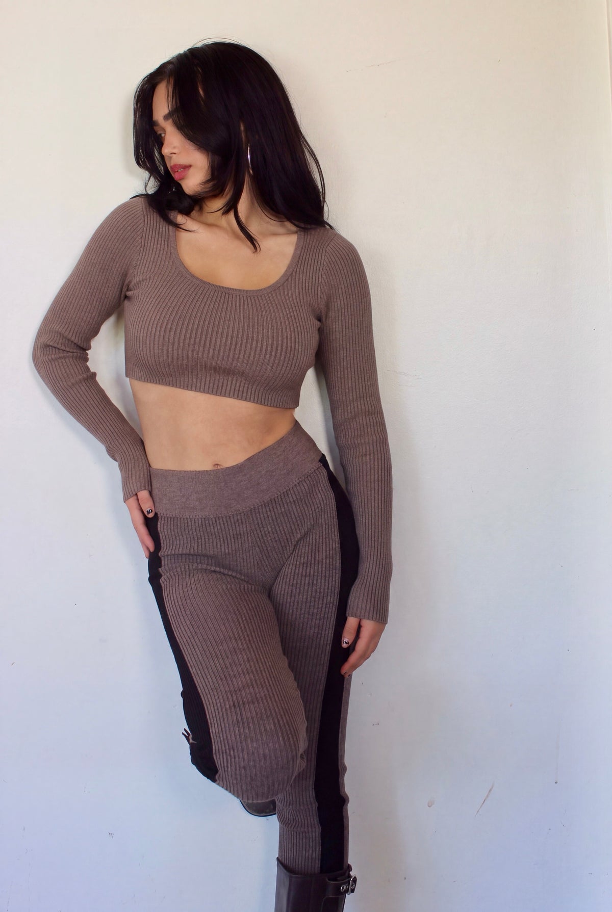 The Contour Crop Long Sleeve rib knit - cinder taupe - designed and made by The Knit House LA