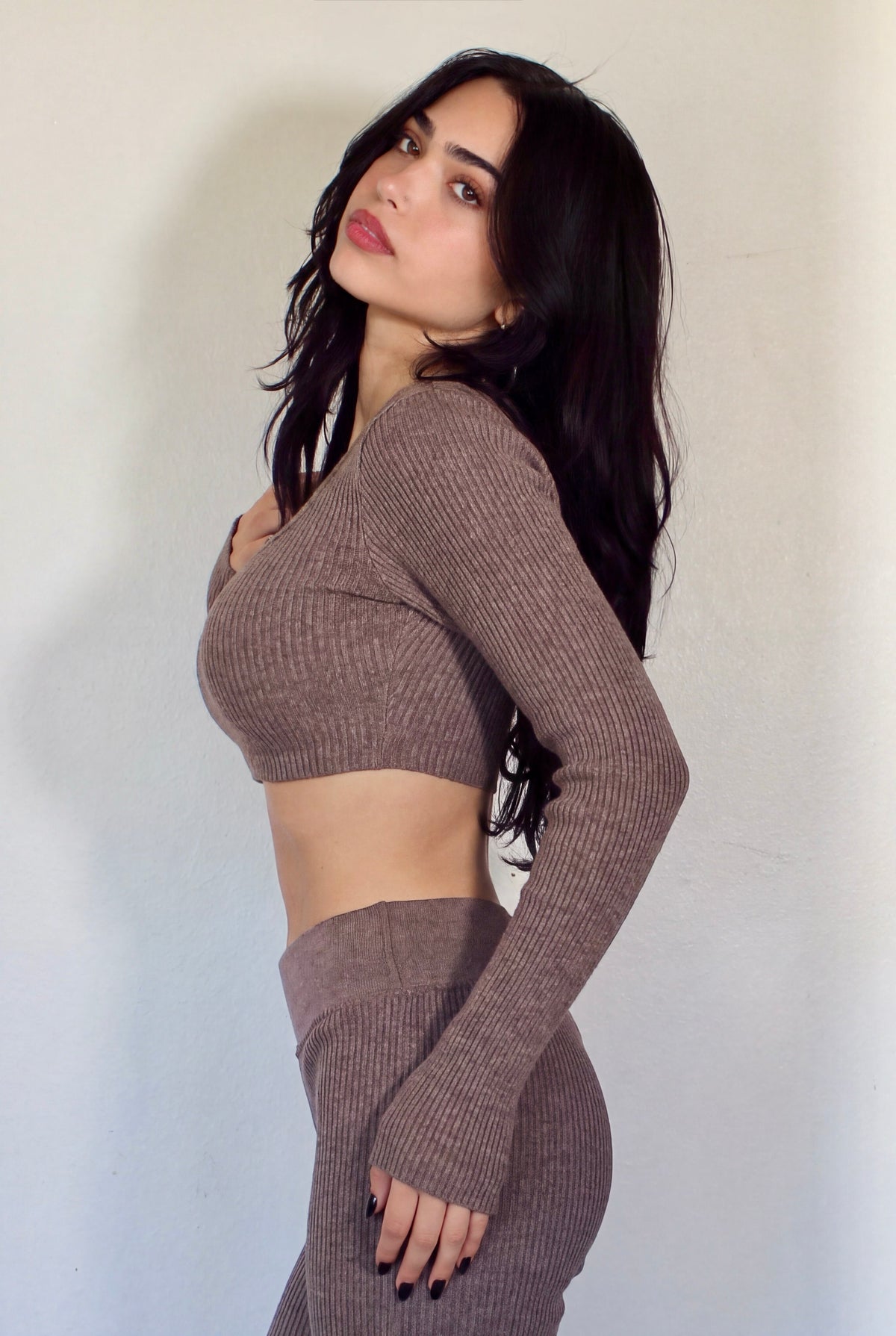 The Contour Crop Long Sleeve rib knit - cinder taupe - designed and made by The Knit House LA
