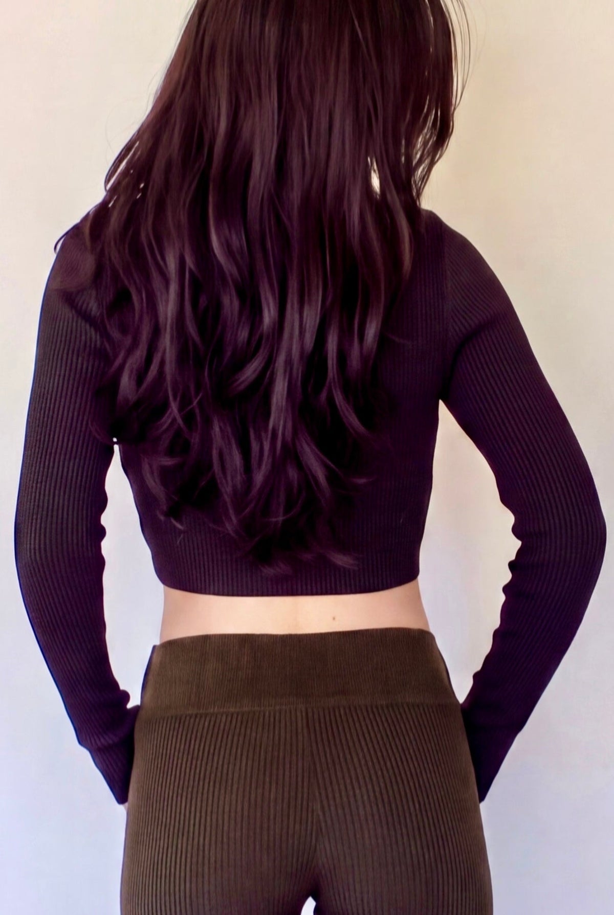 The Contour Crop Long Sleeve rib knit - ink black - designed and made by The Knit House LA