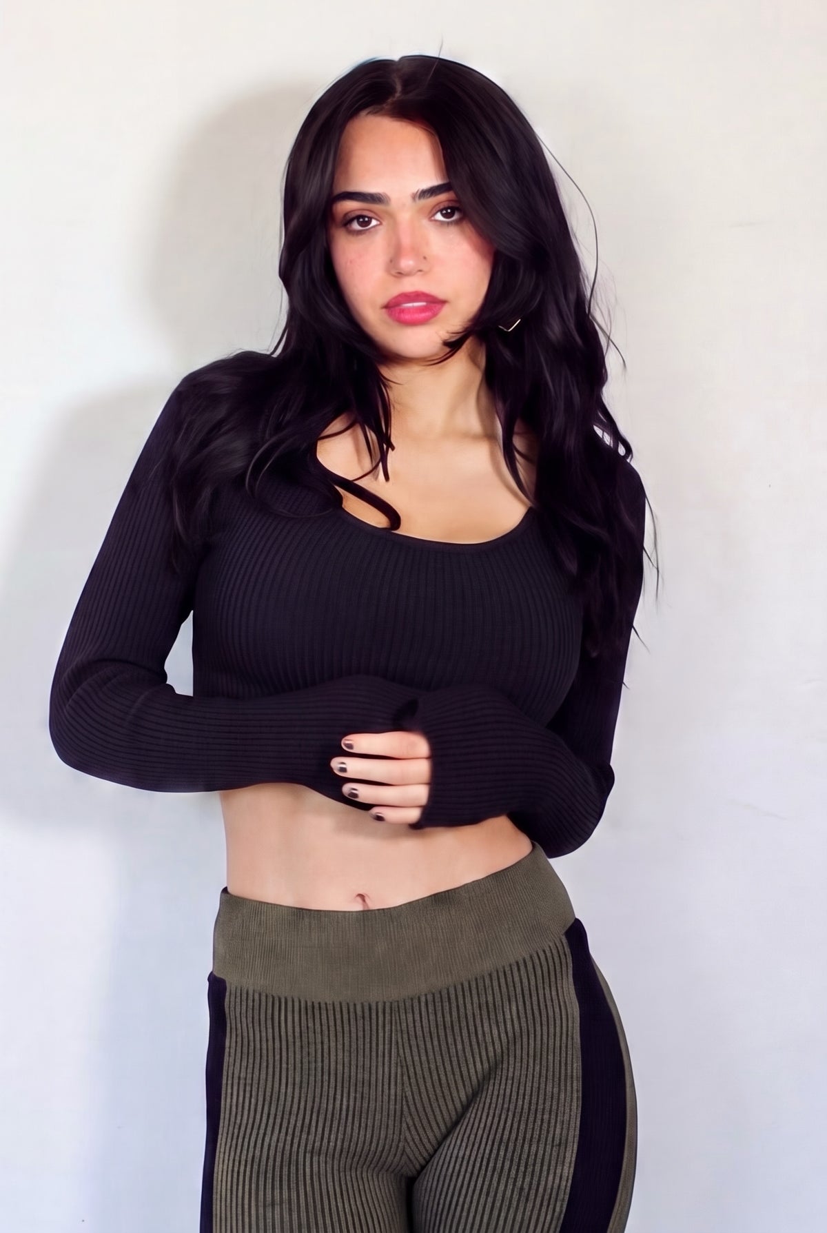 The Contour Crop Long Sleeve rib knit - ink black - designed and made by The Knit House LA