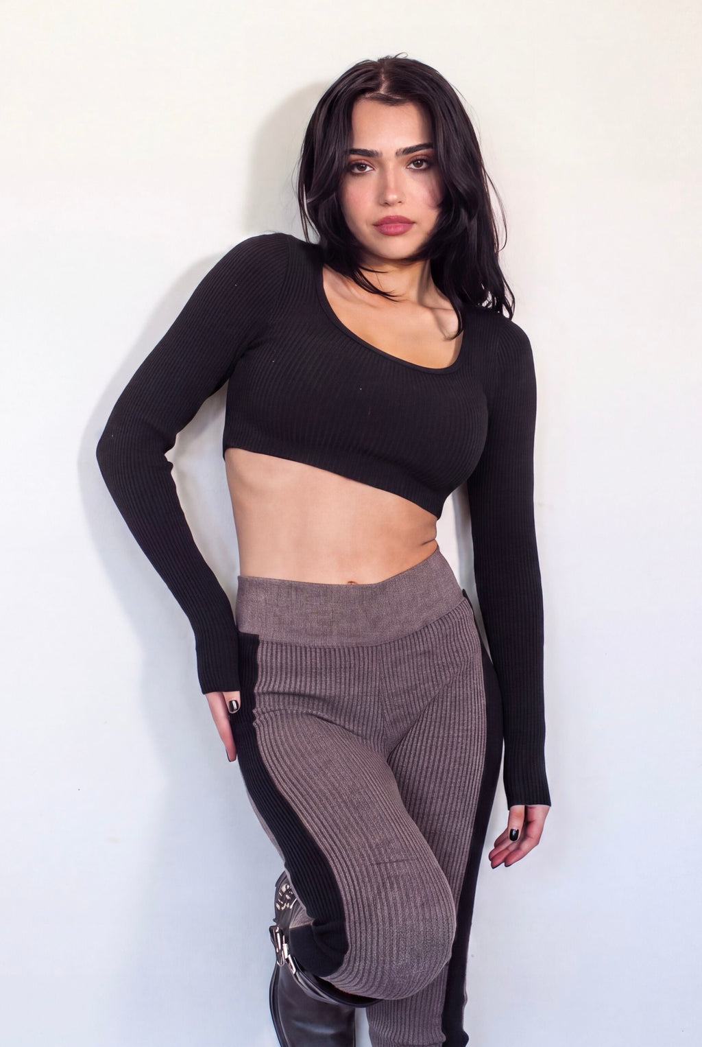 The Contour Crop Long Sleeve rib knit - ink black - designed and made by The Knit House LA