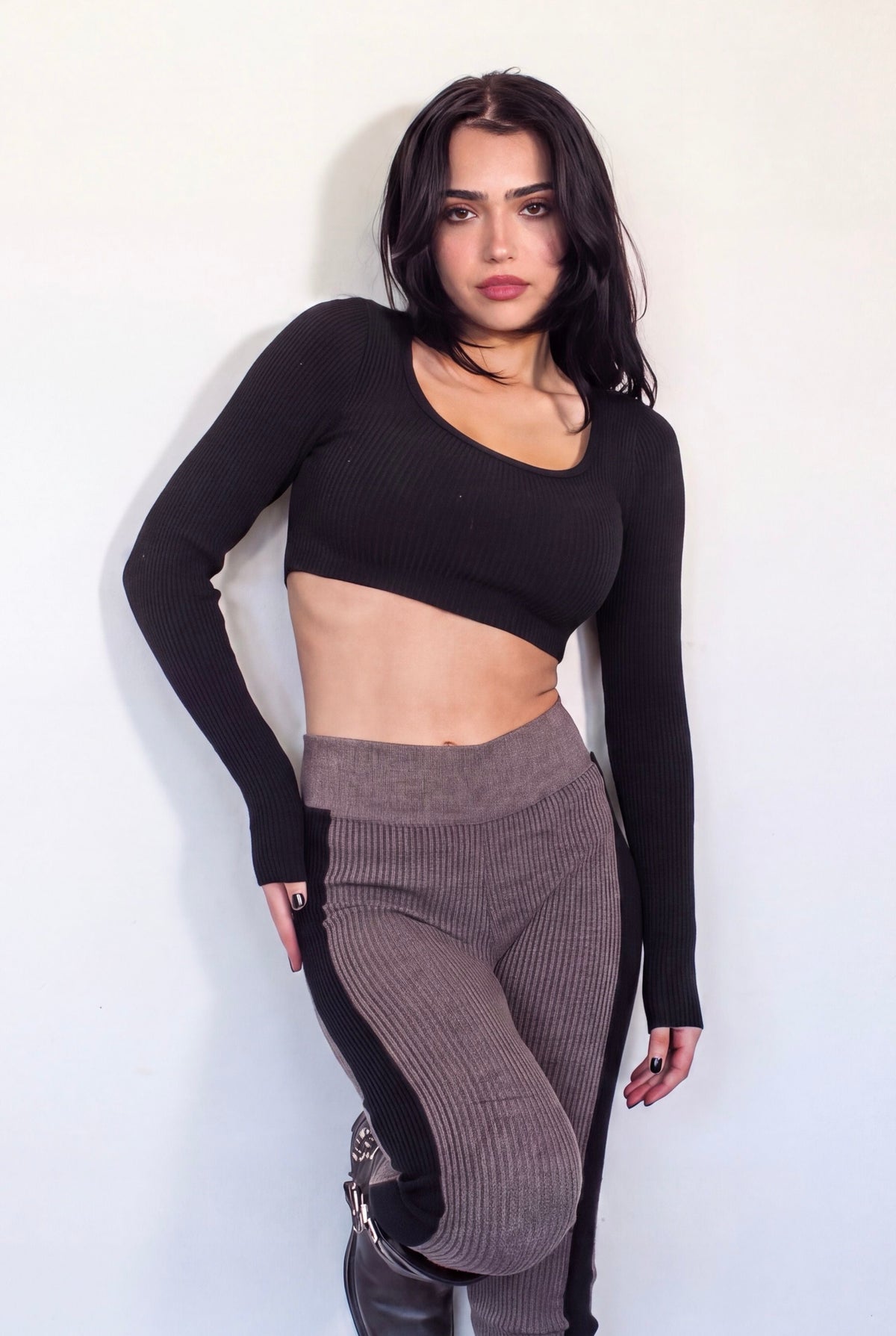 The Contour Crop Long Sleeve rib knit - ink black - designed and made by The Knit House LA