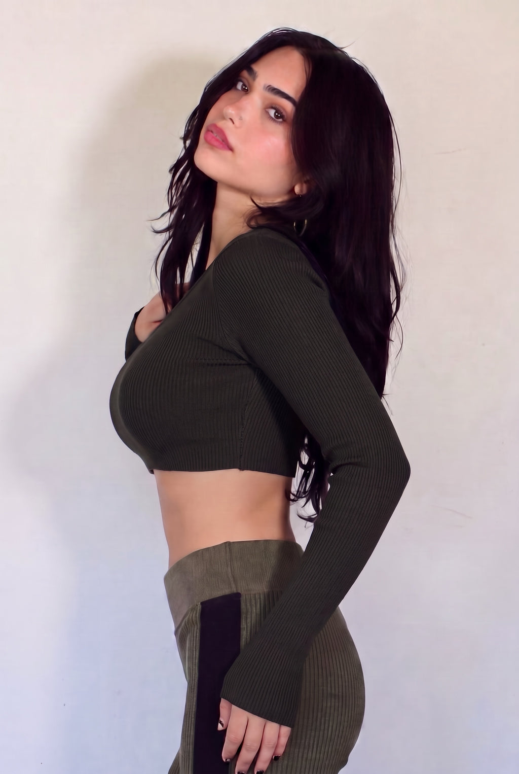 The Contour Crop Long Sleeve rib knit - ink black - designed and made by The Knit House LA