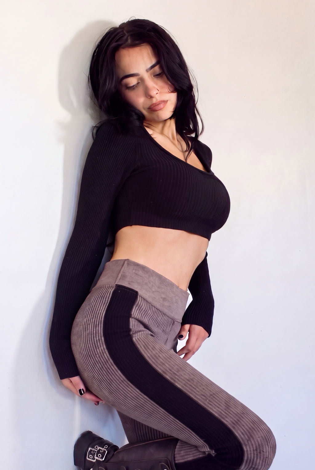 The Contour Crop Long Sleeve rib knit - ink black - designed and made by The Knit House LA