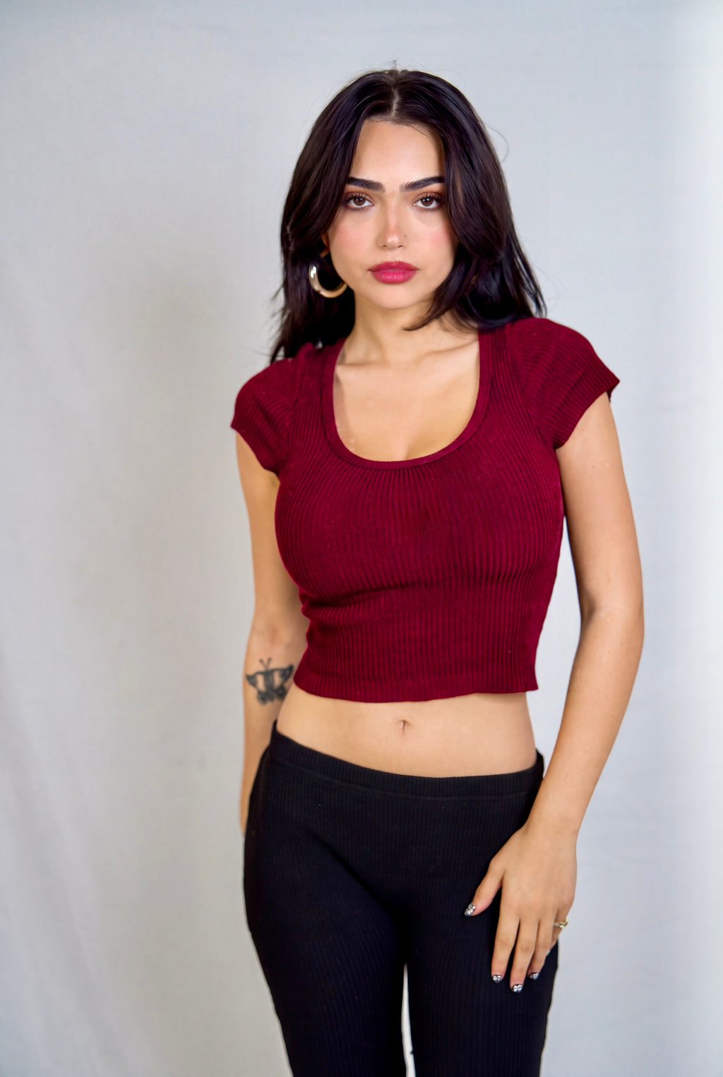 The Contour Crop Short Sleeve 3D-engineered rib knit - brick red - designed and made by The Knit House LA