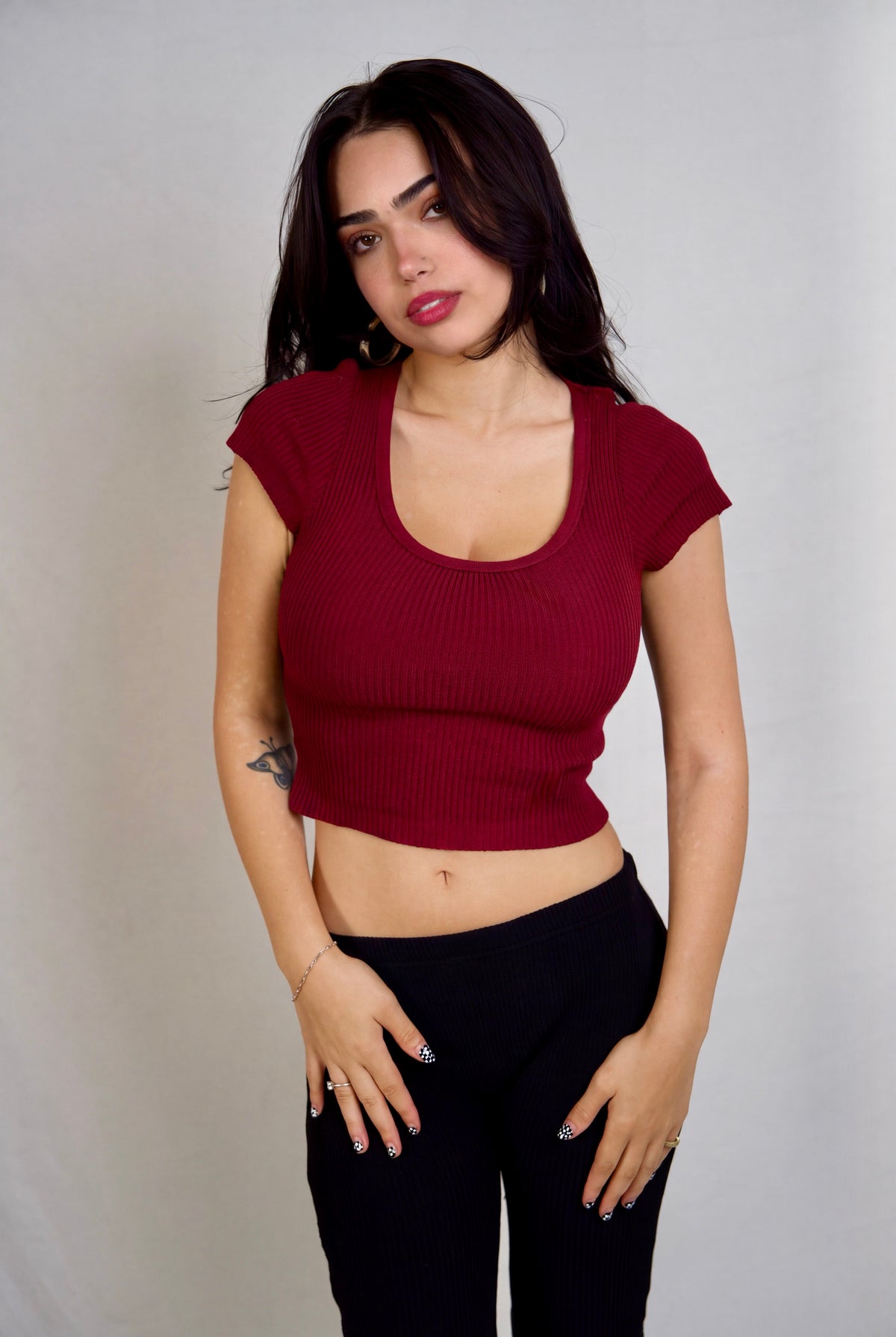 The Contour Crop Short Sleeve 3D-engineered rib knit - brick red - designed and made by The Knit House LA