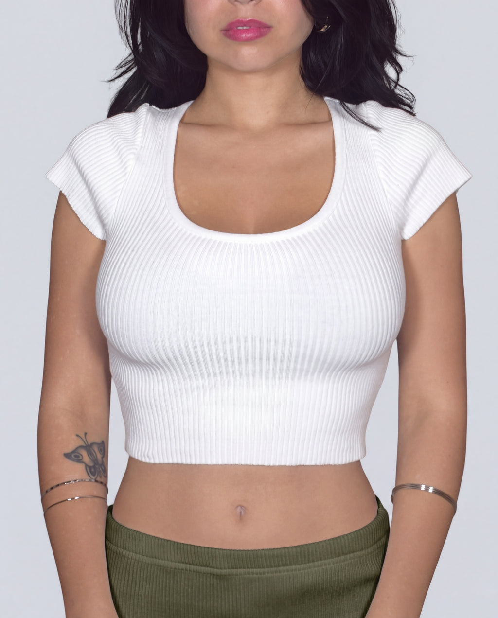 The Contour Crop Short Sleeve 3D-engineered rib knit - porcelain white - designed and made by The Knit House LA