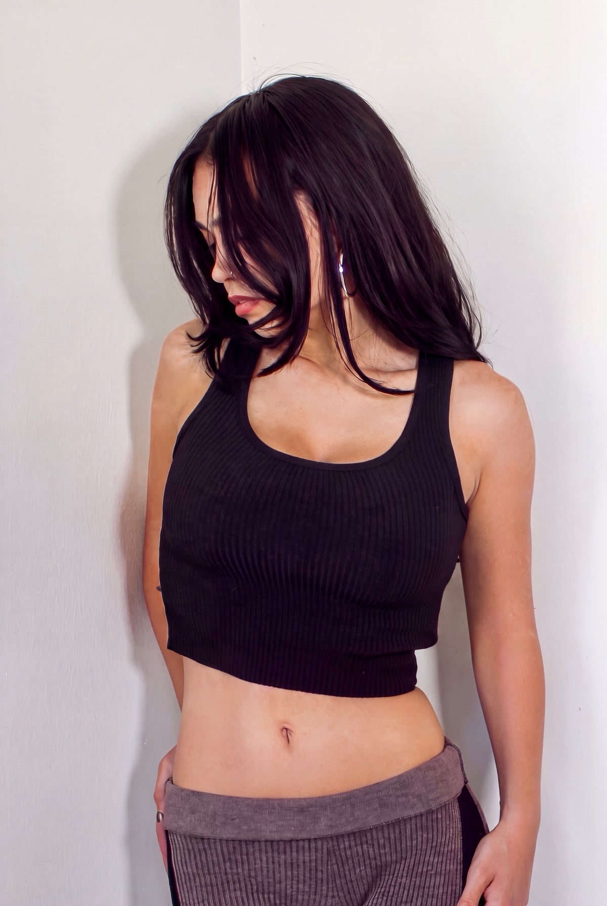 The Contour Crop Tank 3D-engineered rib knit - ink black - designed and made by The Knit House LA