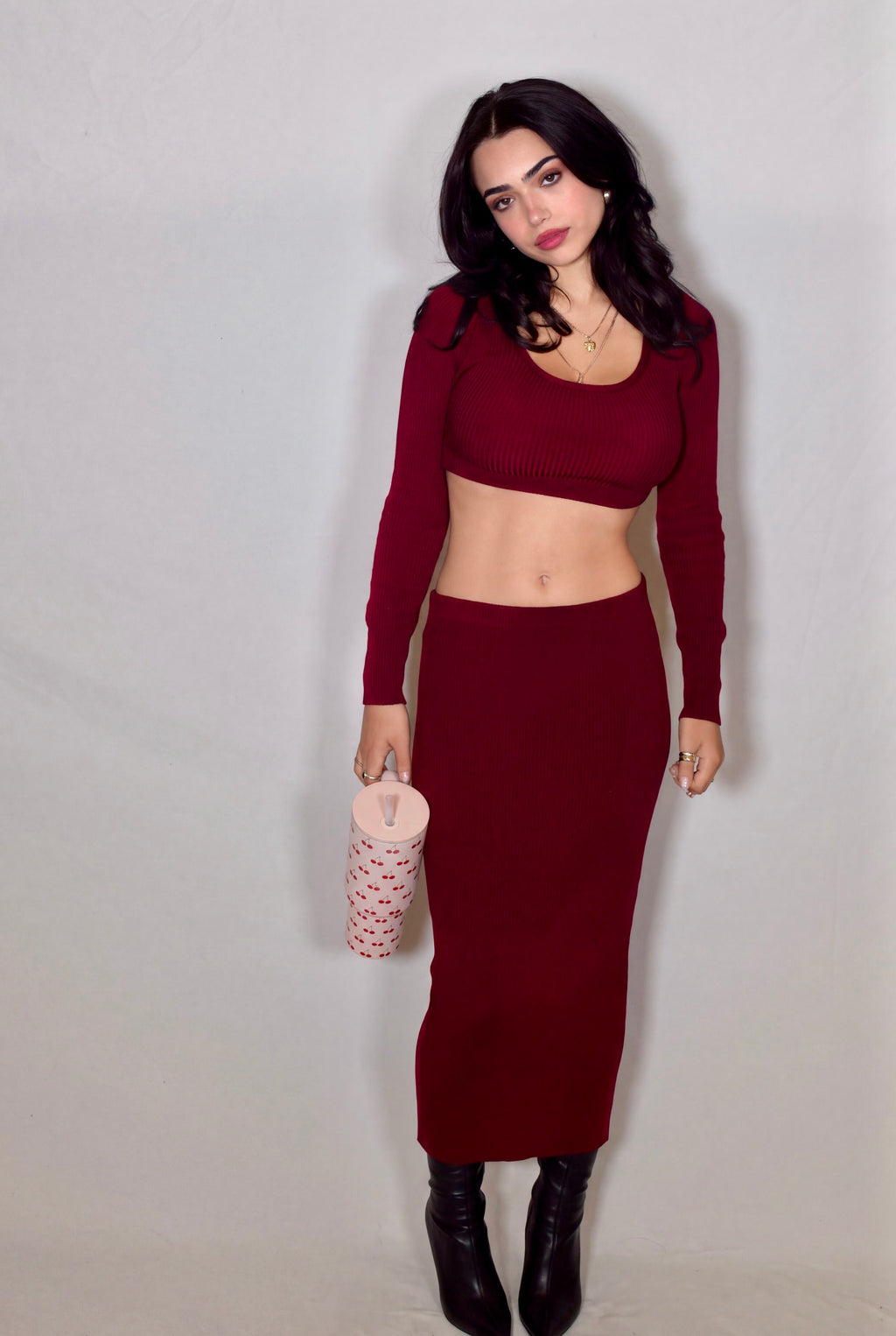 The Contour Crop Long Sleeve rib knit - brick red - designed and made by The Knit House LA