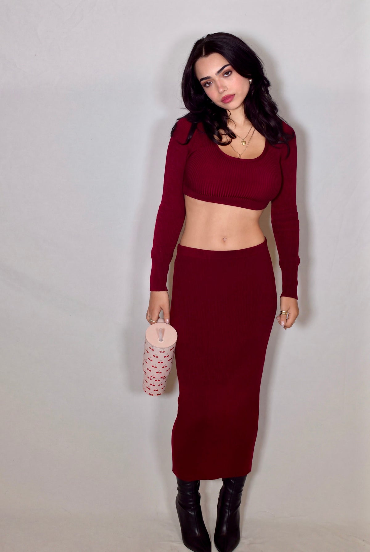 The Contour Crop Long Sleeve rib knit - brick red - designed and made by The Knit House LA
