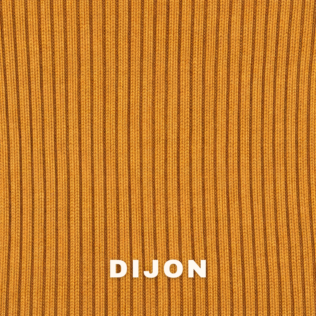Dijon mustard 2x1 rib knit swatch with 'DIJON' label