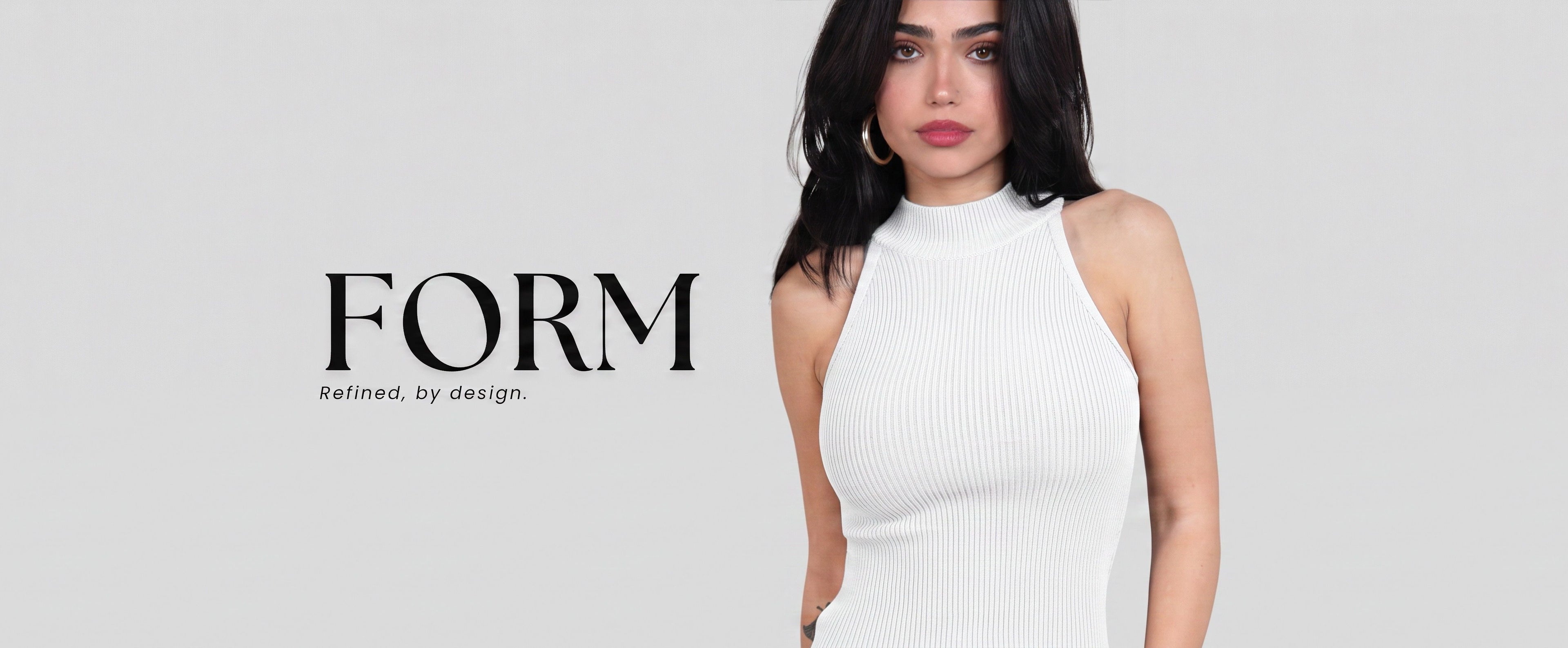 A woman modeling a white ribbed sleeveless mock-neck top against a light gray background, with the brand name 'FORM' printed on the left.