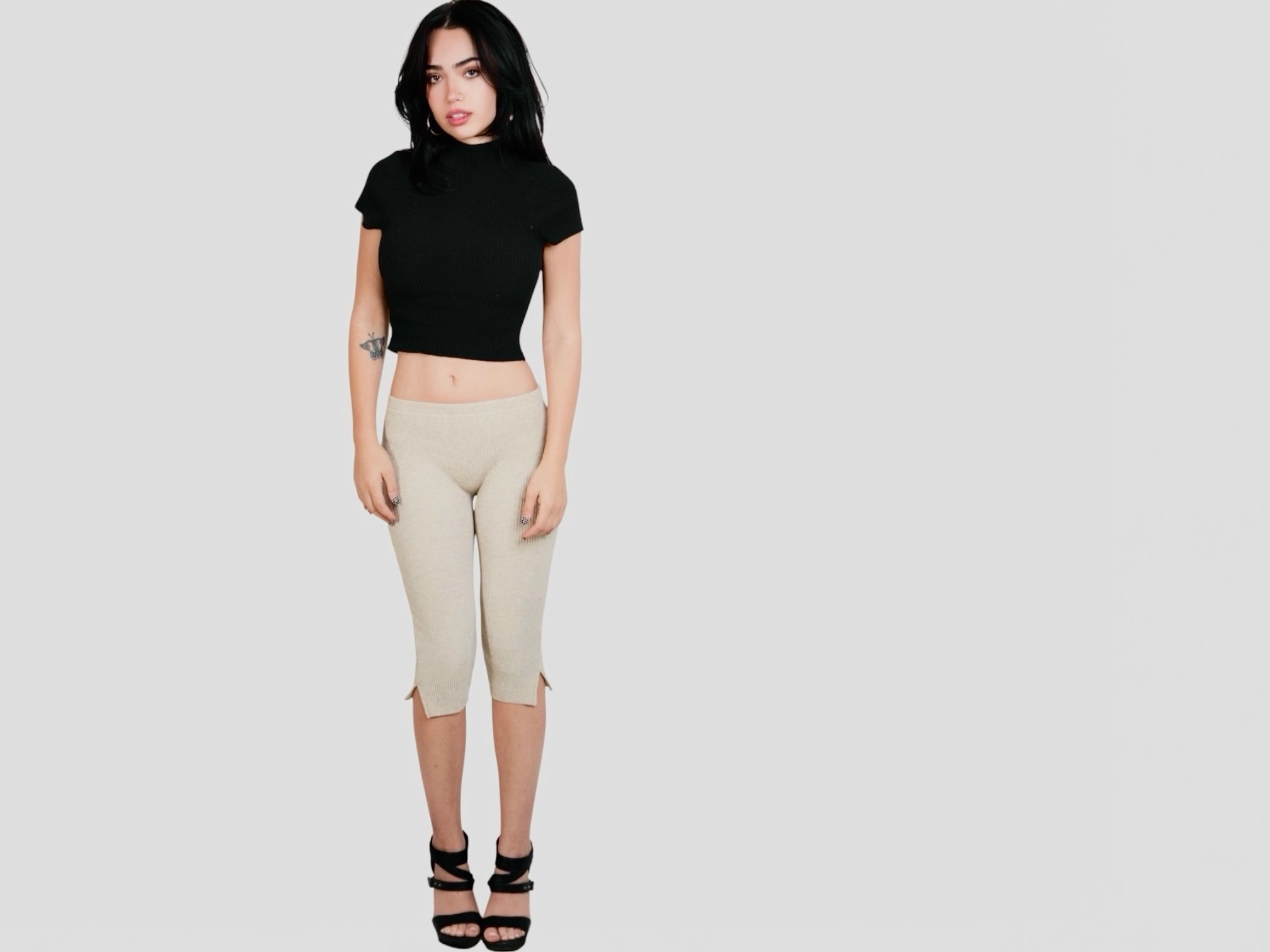 Crop black short Sleeve mock neck and beige capri pants by The Knit House LA
