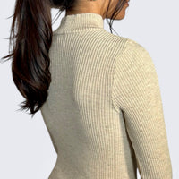 Back view Form mock neck long sleeve rib knit in drift beige by The Knit House LA. 
