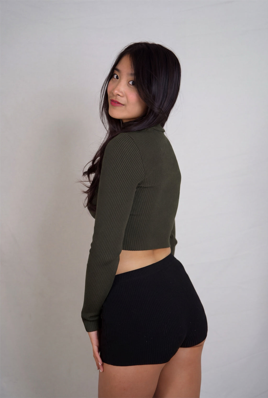 The Form Crop Long Sleeve rib knit - combat green - designed and made by The Knit House LA