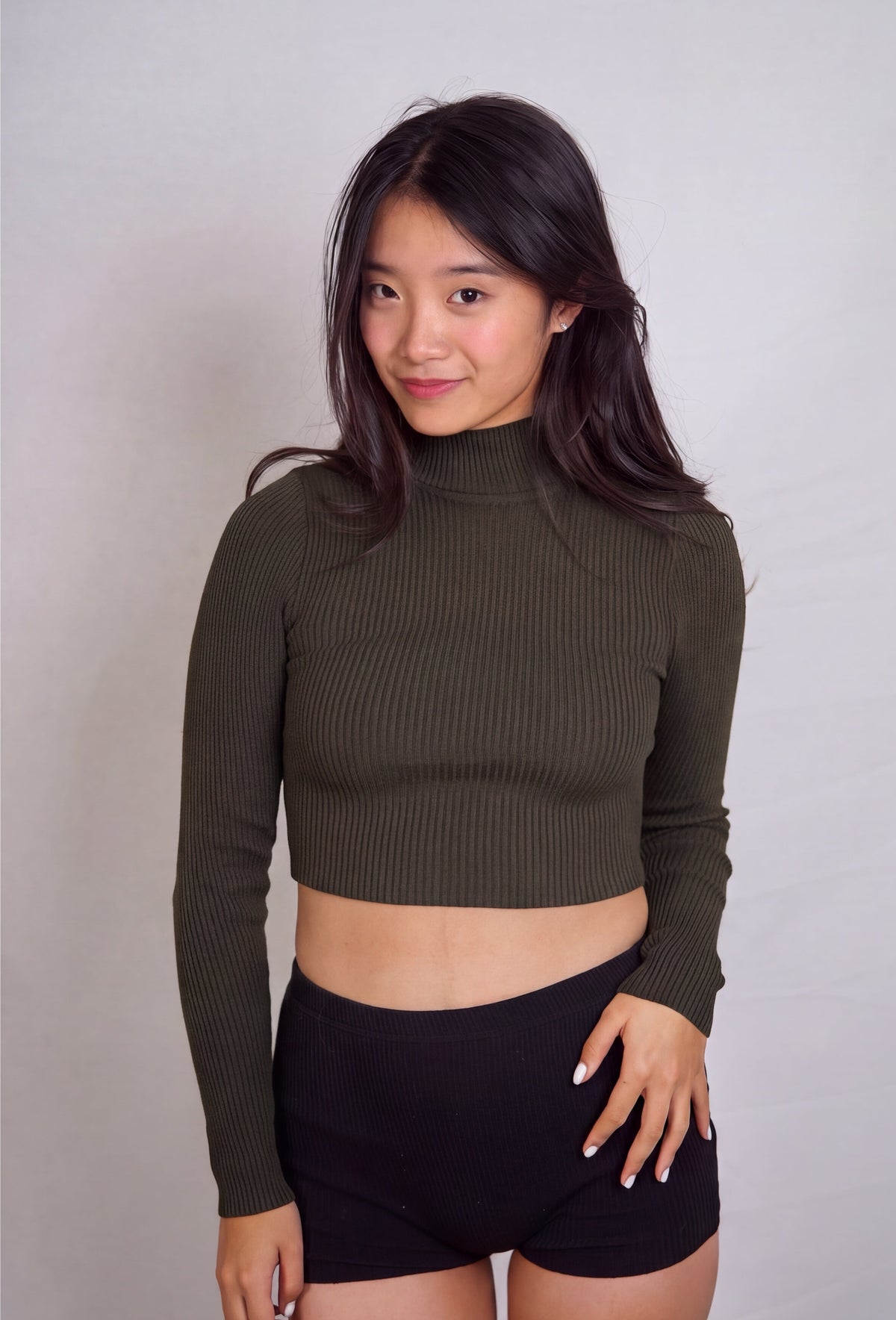 The Form Crop Long Sleeve rib knit - combat green - designed and made by The Knit House LA
