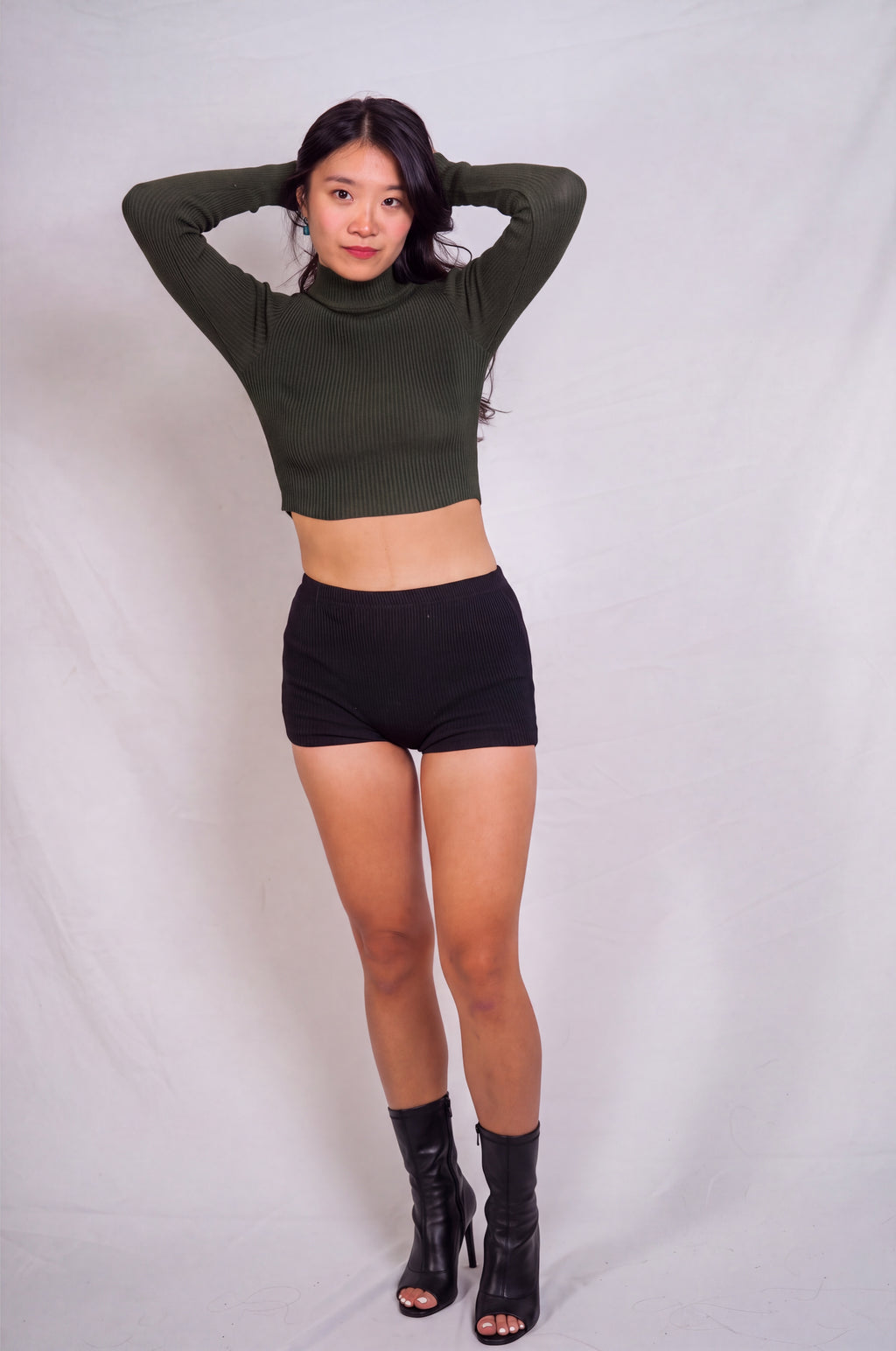 The Form Crop Long Sleeve rib knit - combat green - designed and made by The Knit House LA