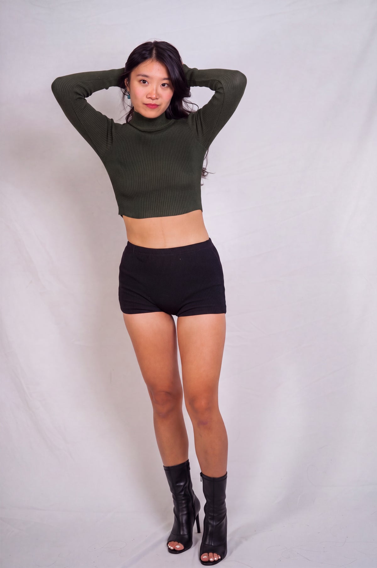 The Form Crop Long Sleeve rib knit - combat green - designed and made by The Knit House LA