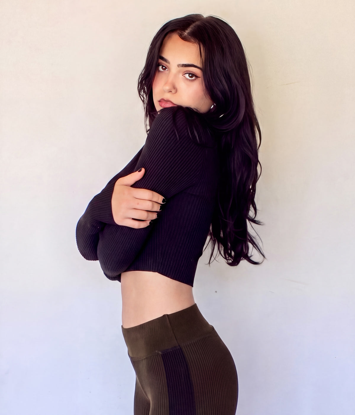 The Form Crop Long Sleeve rib knit - ink black - designed and made by The Knit House LA