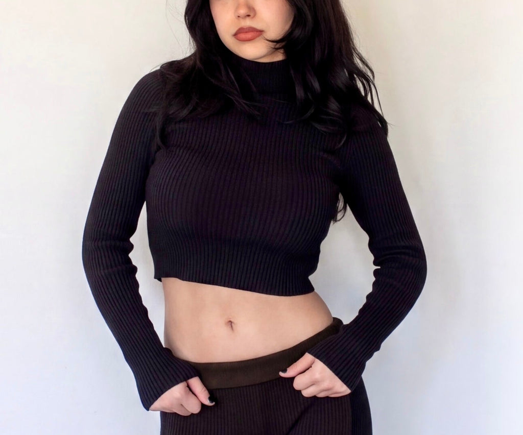 The Form Crop Long Sleeve rib knit - ink black - designed and made by The Knit House LA