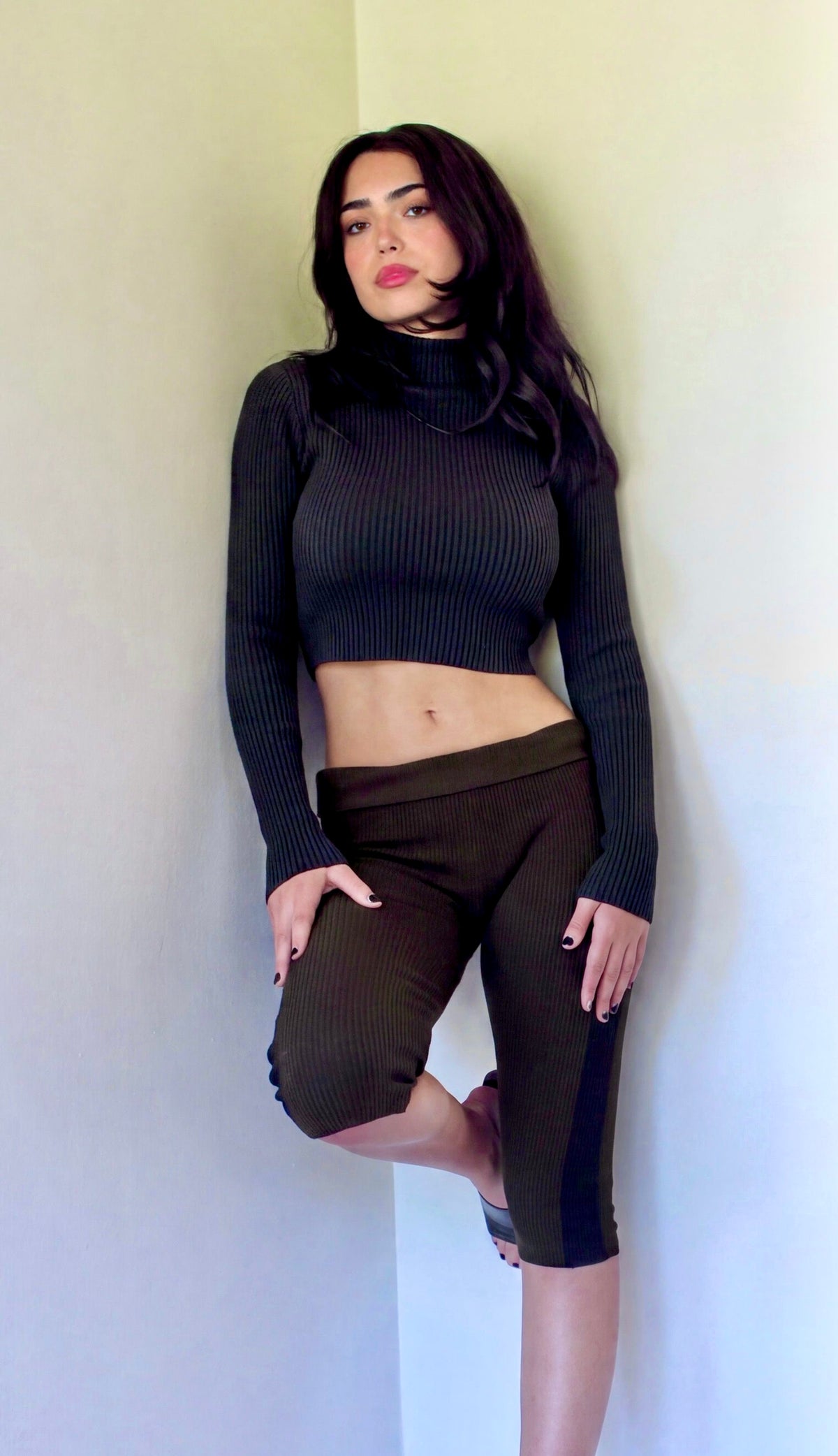 The Form Crop Long Sleeve rib knit - ink black - designed and made by The Knit House LA