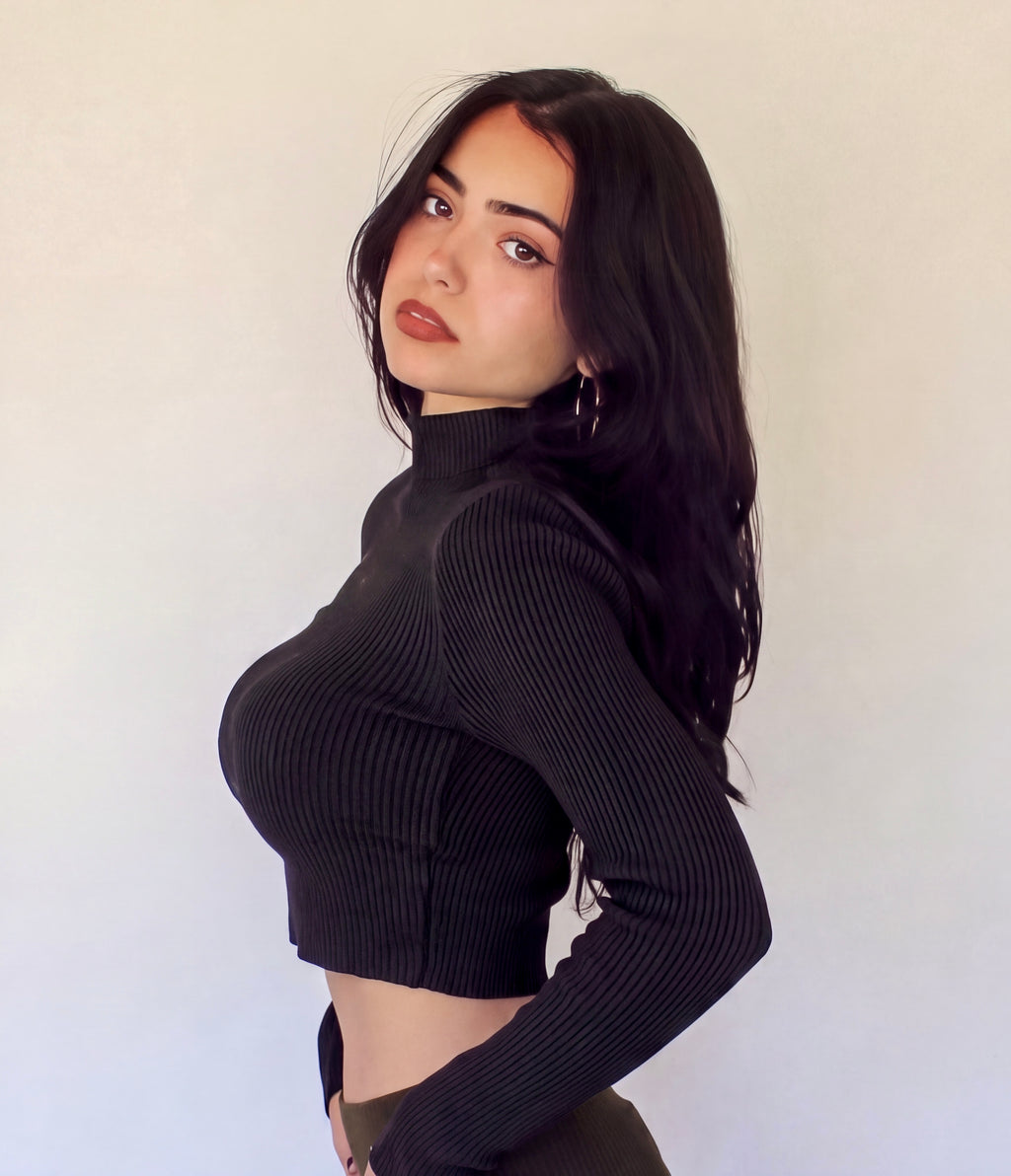 The Form Crop Long Sleeve rib knit - ink black - designed and made by The Knit House LA
